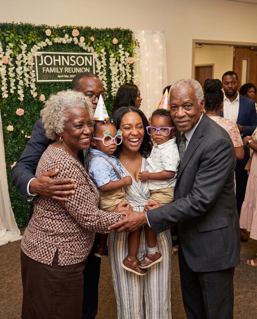 Three generations of a family at a reunion photo booth