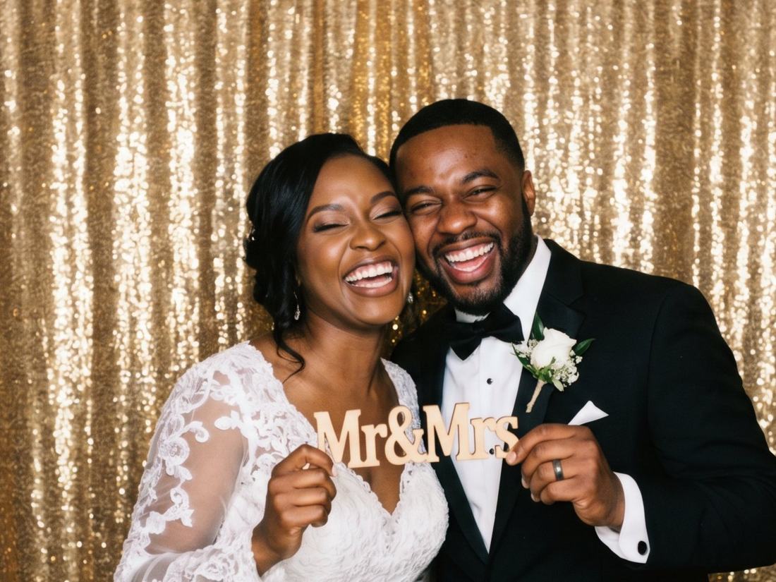 Bride and groom laughing in front of a gold sequin backdrop
